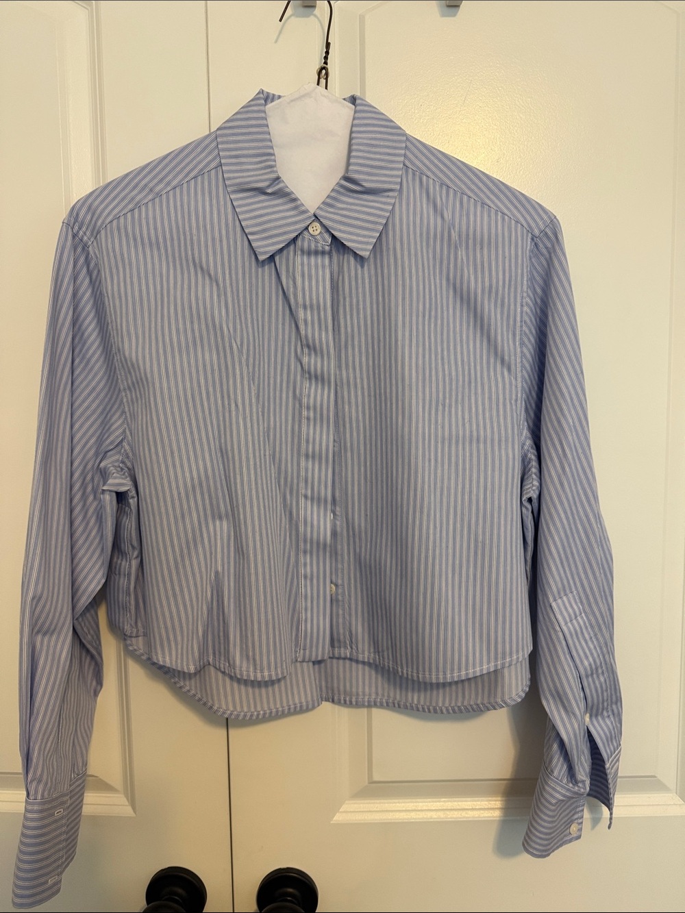 Cropped Light Blue Pinstripe Button-Down Shirt
